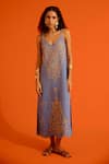 Indian Summer Story_Blue Denim Embroidery V-neck Flame Thread Dress _Online_at_Aza_Fashions