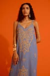 Buy_Indian Summer Story_Blue Denim Embroidery V-neck Flame Thread Dress _Online_at_Aza_Fashions