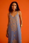 Shop_Indian Summer Story_Blue Denim Embroidery V-neck Flame Thread Dress _Online_at_Aza_Fashions