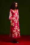 Buy_Indian Summer Story_Fuchsia Cotton Embroidery Split V-neck Thread Dress _Online_at_Aza_Fashions