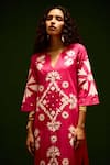 Indian Summer Story_Fuchsia Cotton Embroidery Split V-neck Thread Dress _at_Aza_Fashions