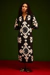 Indian Summer Story_Black Cotton Embroidery Split V-neck Sitara Thread Dress _Online_at_Aza_Fashions
