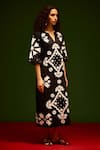 Indian Summer Story_Black Cotton Embroidery Split V-neck Sitara Thread Dress _at_Aza_Fashions