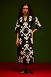 Buy_Indian Summer Story_Black Cotton Embroidery Split V-neck Sitara Thread Dress _at_Aza_Fashions