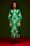 Indian Summer Story_Green Cotton, Poplin Embroidery Split V-neck Sitara Thread Dress _Online_at_Aza_Fashions