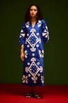 Buy_Indian Summer Story_Blue Cotton Embroidery V-neck Sitara Thread Dress _at_Aza_Fashions