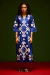 Indian Summer Story_Blue Cotton Embroidery V-neck Sitara Thread Dress _Online_at_Aza_Fashions