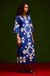 Buy_Indian Summer Story_Blue Cotton Embroidery V-neck Sitara Thread Dress _Online_at_Aza_Fashions