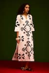 Indian Summer Story_Ivory Cotton, Poplin Embroidery Split V-neck Sitara Thread Dress _Online_at_Aza_Fashions