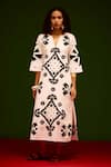 Indian Summer Story_Ivory Cotton, Poplin Embroidery Split V-neck Sitara Thread Dress _at_Aza_Fashions