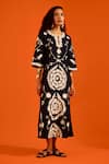 Shop_Indian Summer Story_Black Cotton, Poplin Embroidery Split V-neck Wave Thread Dress _Online_at_Aza_Fashions