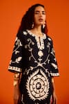 Indian Summer Story_Black Cotton, Poplin Embroidery Split V-neck Wave Thread Dress _at_Aza_Fashions