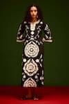 Buy_Indian Summer Story_Black Cotton, Poplin Embroidery Split V-neck Wave Thread Dress _at_Aza_Fashions