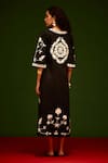 Shop_Indian Summer Story_Black Cotton, Poplin Embroidery Split V-neck Wave Thread Dress _at_Aza_Fashions
