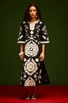 Shop_Indian Summer Story_Black Cotton, Poplin Embroidery Split V-neck Wave Thread Dress _Online_at_Aza_Fashions