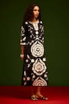Indian Summer Story_Black Cotton, Poplin Embroidery Split V-neck Wave Thread Dress _at_Aza_Fashions