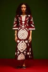 Buy_Indian Summer Story_Maroon Cotton, Poplin Embroidery Split V-neck Wave Thread Dress _at_Aza_Fashions