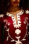 Indian Summer Story_Maroon Cotton, Poplin Embroidery Split V-neck Wave Thread Dress _Online_at_Aza_Fashions