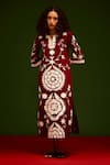 Buy_Indian Summer Story_Maroon Cotton, Poplin Embroidery Split V-neck Wave Thread Dress _Online_at_Aza_Fashions