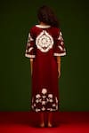 Shop_Indian Summer Story_Maroon Cotton, Poplin Embroidery Split V-neck Wave Thread Dress _at_Aza_Fashions