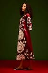 Shop_Indian Summer Story_Maroon Cotton, Poplin Embroidery Split V-neck Wave Thread Dress _Online_at_Aza_Fashions