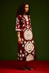 Indian Summer Story_Maroon Cotton, Poplin Embroidery Split V-neck Wave Thread Dress _at_Aza_Fashions
