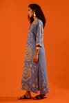 Indian Summer Story_Blue Denim Embroidery Split V-neck Wave Thread Dress _Online_at_Aza_Fashions