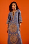 Buy_Indian Summer Story_Blue Denim Embroidery Split V-neck Wave Thread Dress _Online_at_Aza_Fashions