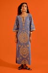 Indian Summer Story_Blue Denim Embroidery Split V-neck Wave Thread Dress _at_Aza_Fashions