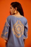 Shop_Indian Summer Story_Blue Denim Embroidery Split V-neck Wave Thread Dress _at_Aza_Fashions