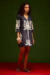 Buy_Indian Summer Story_Navy Denim Embroidery V-neck Tulip Thread Dress _Online_at_Aza_Fashions