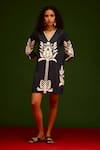 Shop_Indian Summer Story_Navy Denim Embroidery V-neck Tulip Thread Dress _Online_at_Aza_Fashions