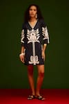 Indian Summer Story_Navy Denim Embroidery V-neck Tulip Thread Dress _at_Aza_Fashions