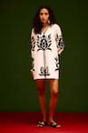 Indian Summer Story_Ivory Cotton, Poplin Embroidery V-neck Tulip Thread Dress _Online_at_Aza_Fashions