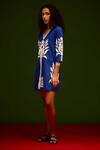 Indian Summer Story_Blue Cotton Embroidery V-neck Tulip Thread Dress _Online_at_Aza_Fashions
