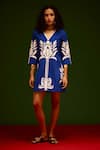 Buy_Indian Summer Story_Blue Cotton Embroidery V-neck Tulip Thread Dress _at_Aza_Fashions
