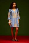 Indian Summer Story_Blue Denim Embroidery V-neck Tulip Thread Dress _Online_at_Aza_Fashions