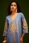 Shop_Indian Summer Story_Blue Denim Embroidery V-neck Tulip Thread Dress _Online_at_Aza_Fashions