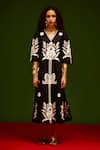 Indian Summer Story_Black Cotton, Poplin Embroidery V-neck Tulip Thread Dress _Online_at_Aza_Fashions