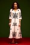 Buy_Indian Summer Story_Ivory Cotton, Poplin Embroidery V-neck Tulip Thread Dress _at_Aza_Fashions