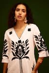 Indian Summer Story_Ivory Cotton, Poplin Embroidery V-neck Tulip Thread Dress _at_Aza_Fashions