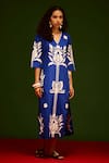Indian Summer Story_Blue Poplin, Cotton Embroidery V-neck Tulip Thread Dress _Online_at_Aza_Fashions
