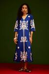 Buy_Indian Summer Story_Blue Poplin, Cotton Embroidery V-neck Tulip Thread Dress _at_Aza_Fashions