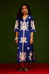 Buy_Indian Summer Story_Blue Poplin, Cotton Embroidery V-neck Tulip Thread Dress _Online_at_Aza_Fashions
