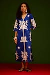 Shop_Indian Summer Story_Blue Poplin, Cotton Embroidery V-neck Tulip Thread Dress _Online_at_Aza_Fashions