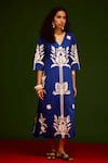 Indian Summer Story_Blue Poplin, Cotton Embroidery V-neck Tulip Thread Dress _at_Aza_Fashions