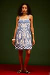 Buy_Indian Summer Story_Blue Denim Embroidery Square Neck Thread Dress _at_Aza_Fashions