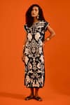 Buy_Indian Summer Story_Blue Denim Embroidery Split V-neck Thread Dress _at_Aza_Fashions
