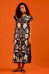 Indian Summer Story_Blue Denim Embroidery Split V-neck Thread Dress _Online_at_Aza_Fashions