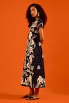 Shop_Indian Summer Story_Blue Denim Embroidery Split V-neck Thread Dress _Online_at_Aza_Fashions